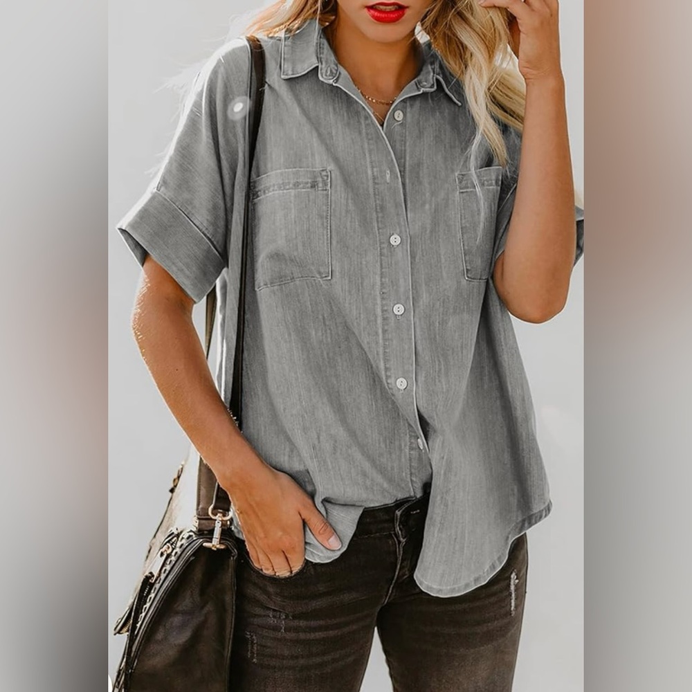 Womens Button Down Shirts V Neck Loose Casual Shirt